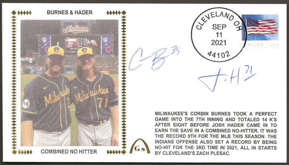 Corbin Burnes & Josh Hader Autographed Combined No Hitter Gateway Stamp Cachet Envelope - Milwaukee Brewers