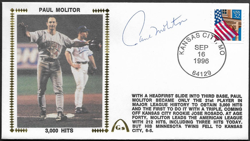 Paul Molitor Autographed 3,000 Hits Gateway Stamp Commemorative Cachet –