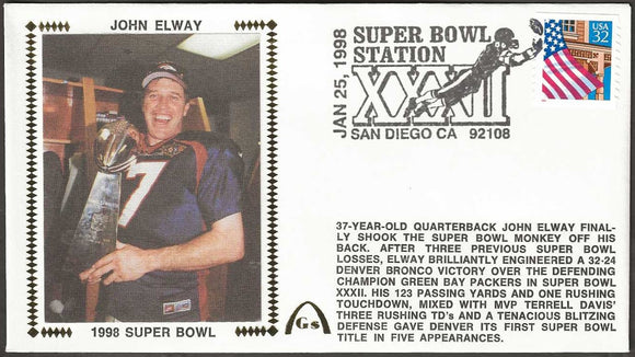 John Elway UnSigned 1998 Super Bowl 32 XXXII Gateway Stamp Cachet Commemorative Envelope - Denver Broncos