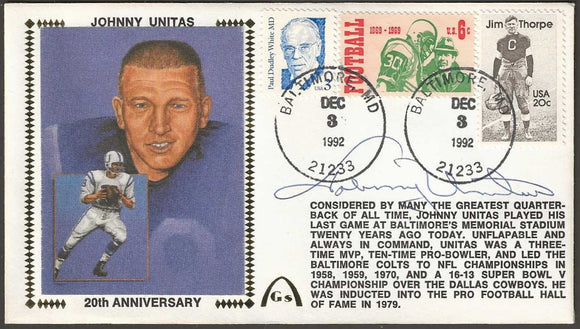 Johnny Unitas Autographed 20th Anniversary Gateway Stamp Commemorative Cachet Envelope