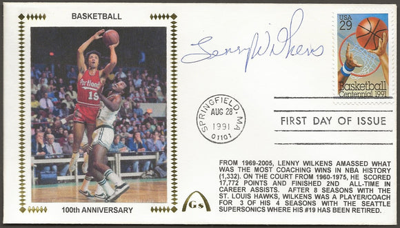 Lenny Wilkens Autographed Basketball 100 Years First Day Cover Gateway Stamp Envelope w/ FDI Postmark