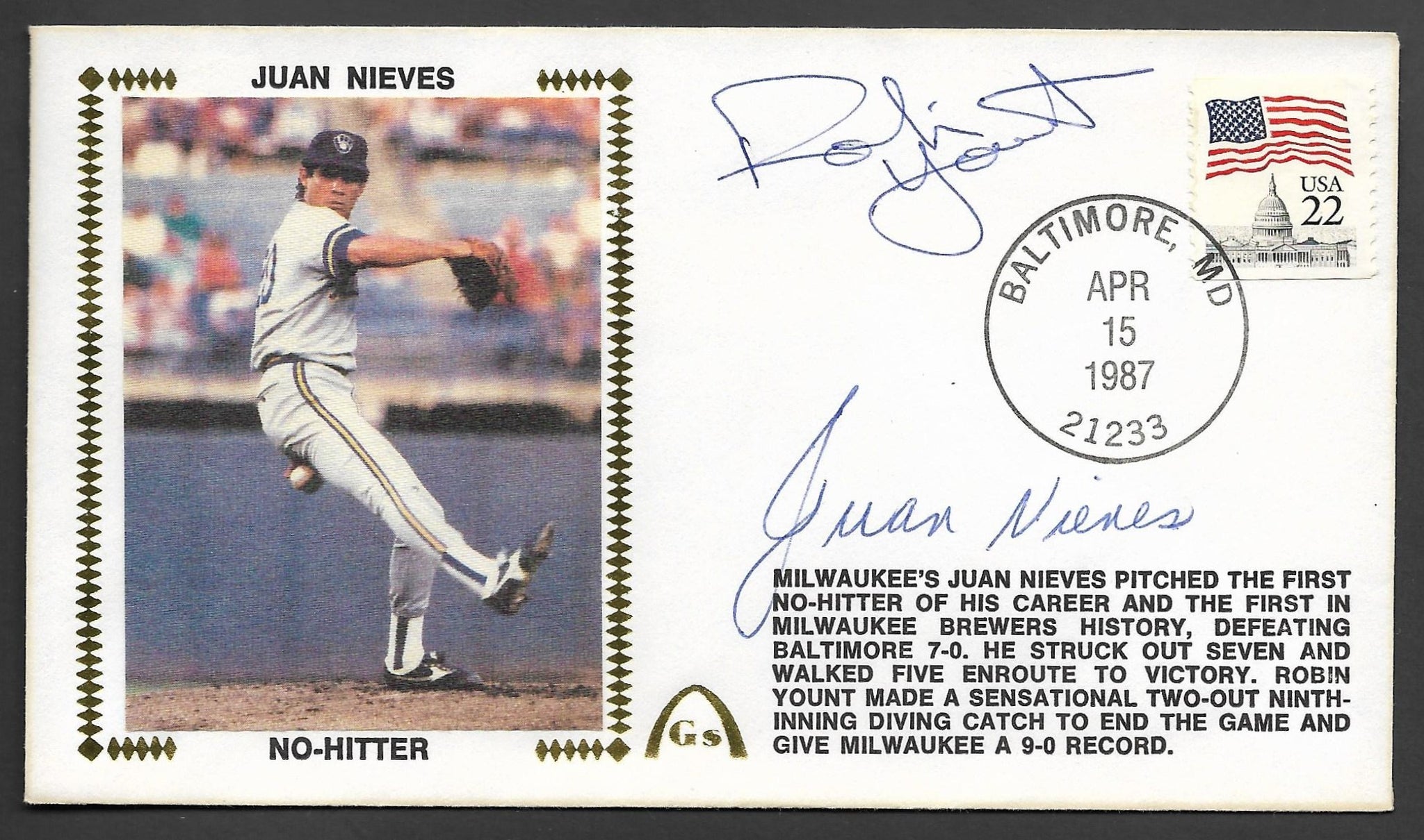 Robin Yount & Juan Nieves No Hitter Autographed Gateway Stamp Envelope –
