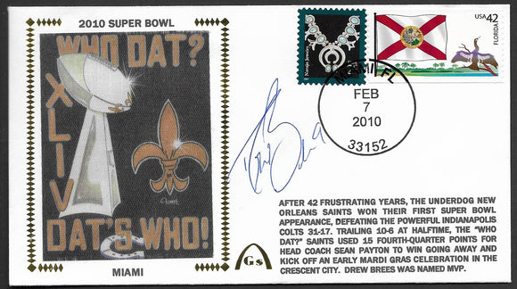 Drew Brees Autographed Super Bowl 44 XLIV Artpiece Gateway Stamp Commemorative Cachet Envelope - New Orleans Saints