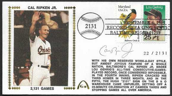 Cal Ripken Jr Autographed Numbered 2131 Games (22 of 2131) Gateway Stamp Envelope - Baltimore Orioles