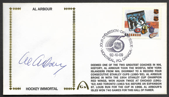 Al Arbour Autographed NHL 75th Anniversary Canada Stamp - First Day Issue - Hockey Immortal