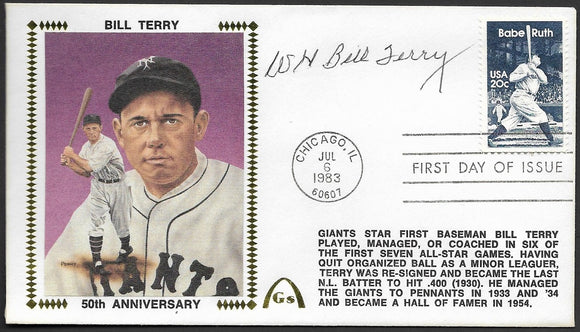 Bill Terry Autographed All Star Anniversary & Babe Ruth USPS Stamp First Day of Issue Gateway Stamp Cachet Envelope