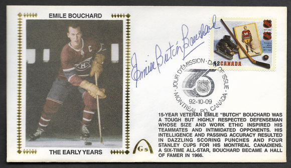 Emile Butch Bouchard Autographed NHL 75th Anniversary Canada Stamp - First Day Issue - The Early Years