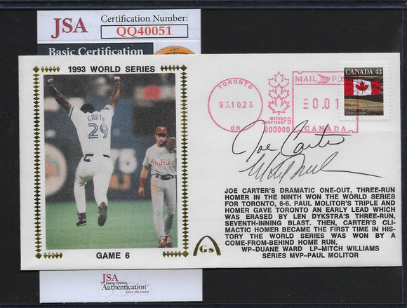 Joe Carter & Mitch Williams JSA Autographs 1993 World Series Game 6 Gateway Stamp Commemorative Cachet Envelope