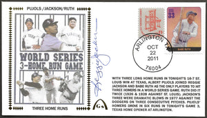 Reggie Jackson Autographed 3 Home Run World Series Game Gateway Stamp Cachet Envelope Featuring Albert Pujols, Reggie Jackson, and Babe Ruth