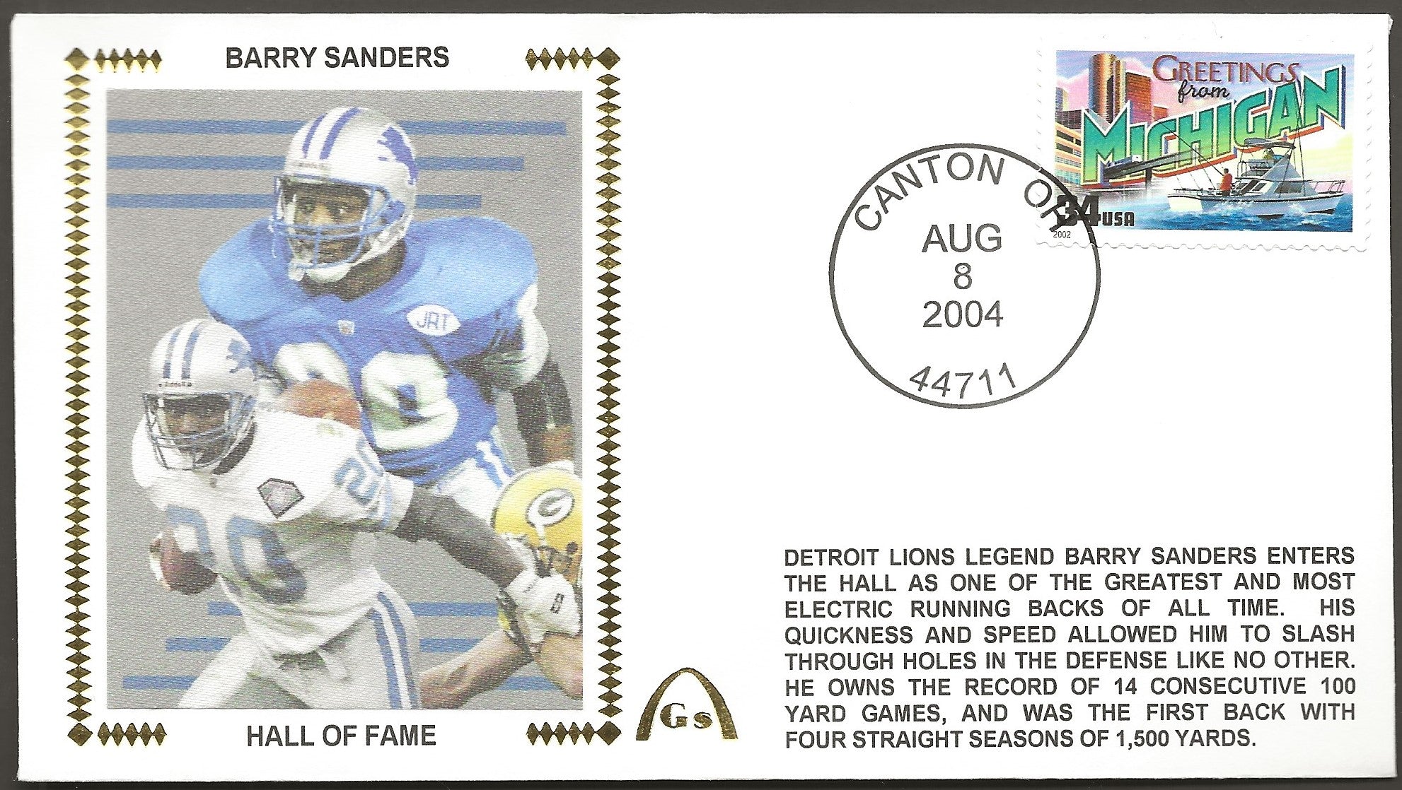 Barry Sanders UN-Signed Hall Of Fame Gateway Stamp Cachet Envelope - D ...